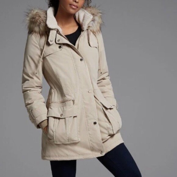 DKNY Parka Anorak Coat Removable Hood Faux Fur Khaki Neutral Water Resistant XS - Picture 1 of 12